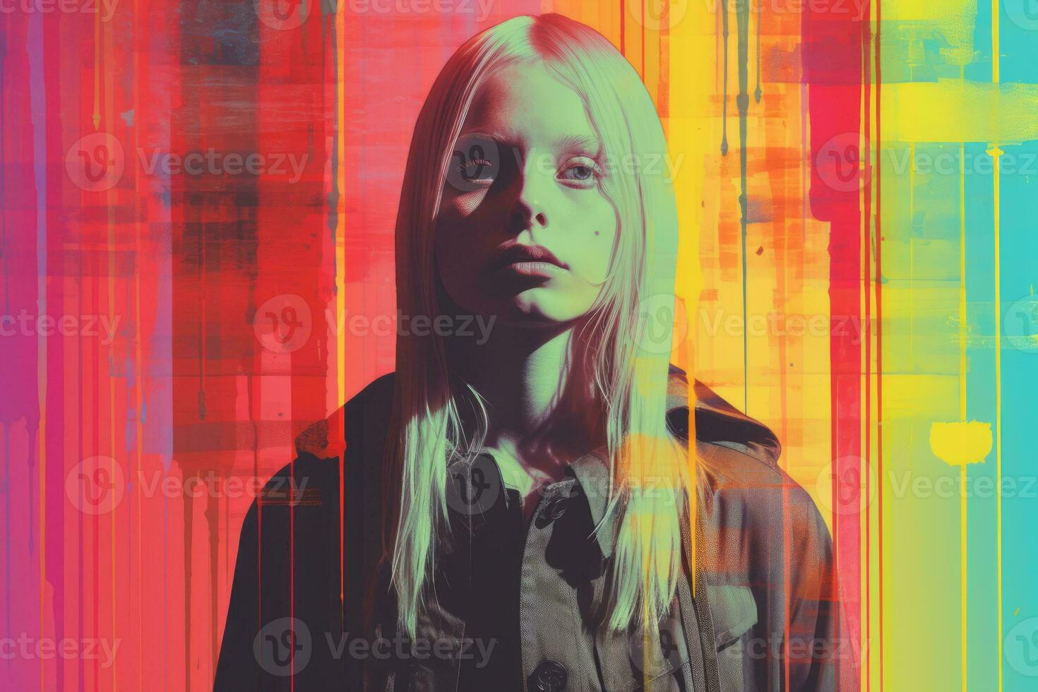 a woman standing in front of a colorful background generative ai photo
