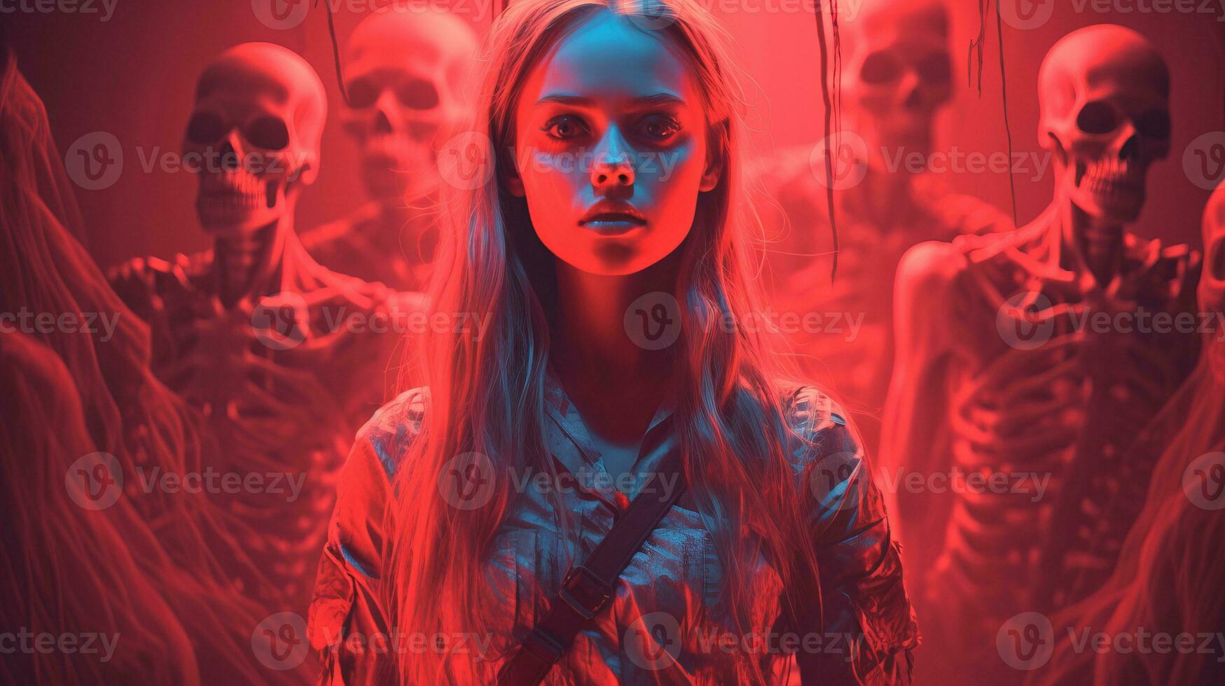 a woman standing in front of a group of skeletons generative ai photo