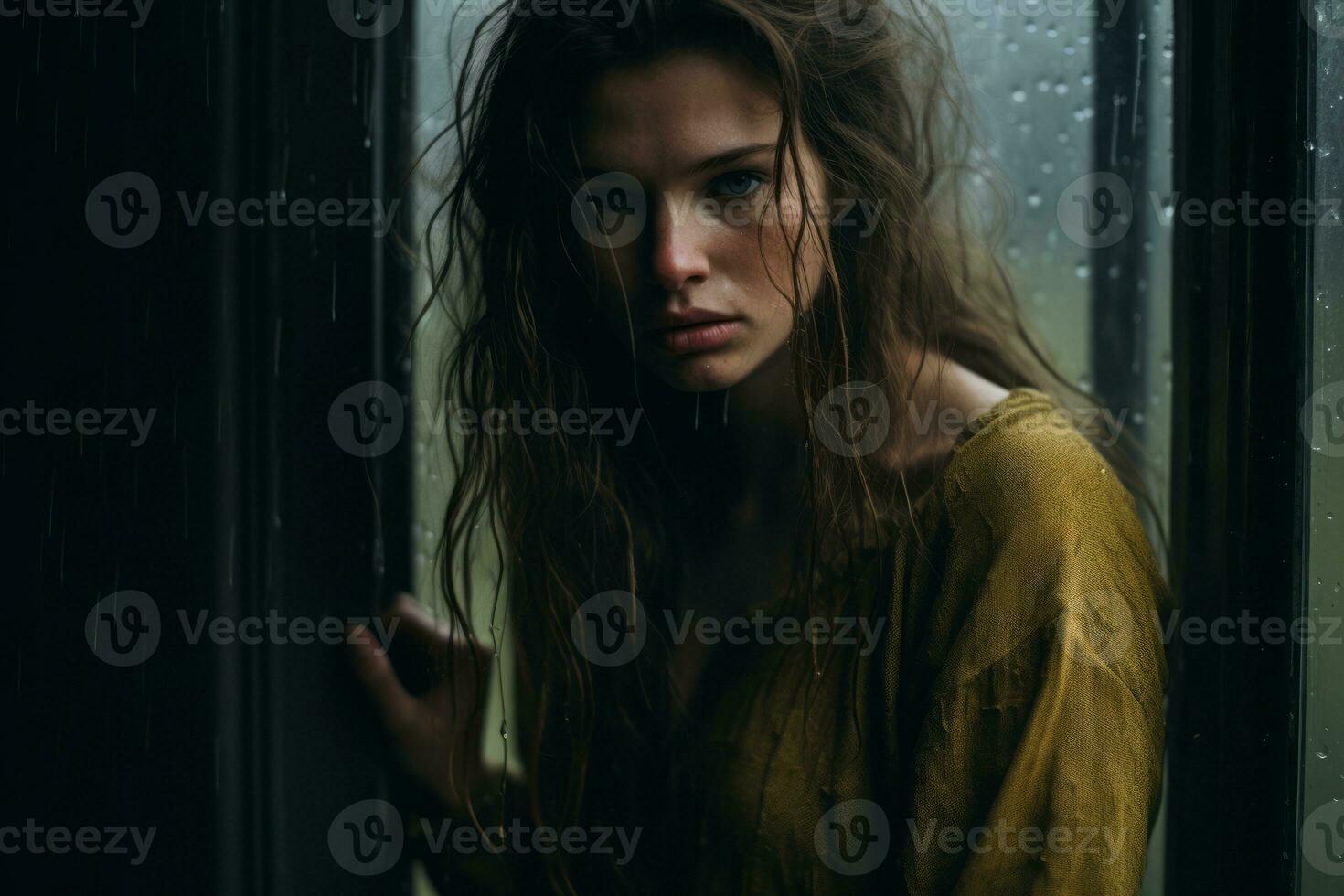 a woman standing in front of a window in the rain generative ai photo