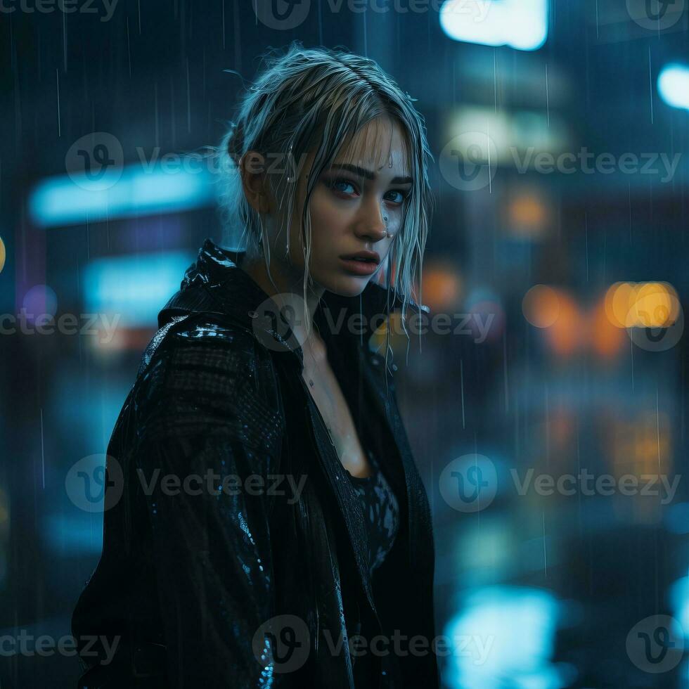 a woman standing in the rain at night generative ai photo