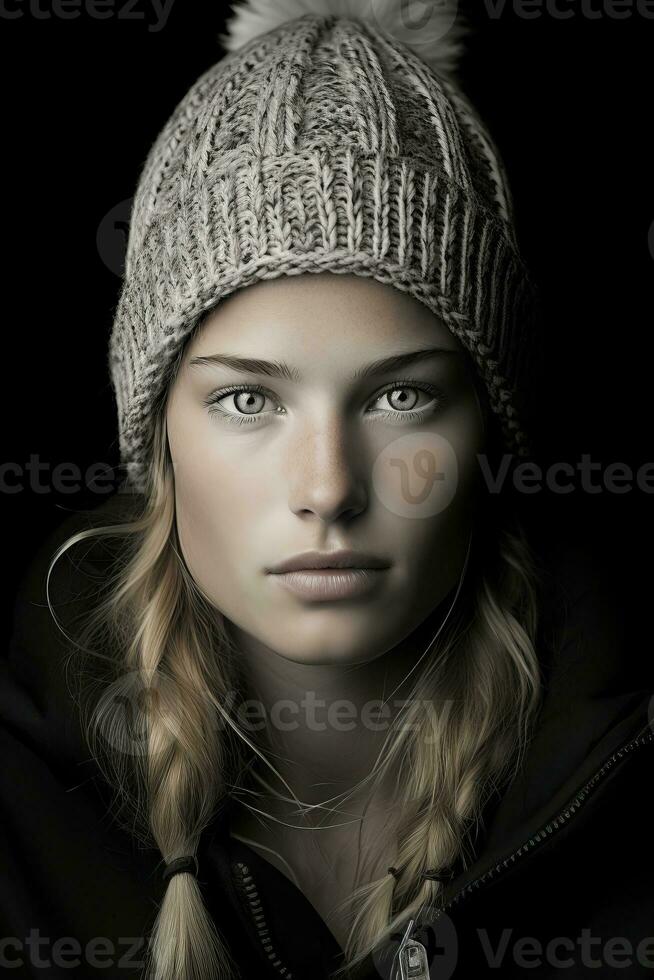 a woman wearing a beanie and a black jacket generative ai photo