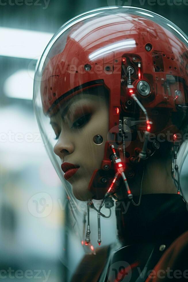 a woman wearing a futuristic helmet with red lights generative ai photo