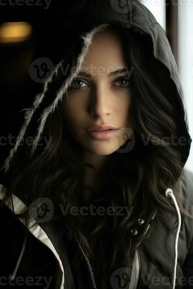 a woman wearing a hooded jacket generative ai photo