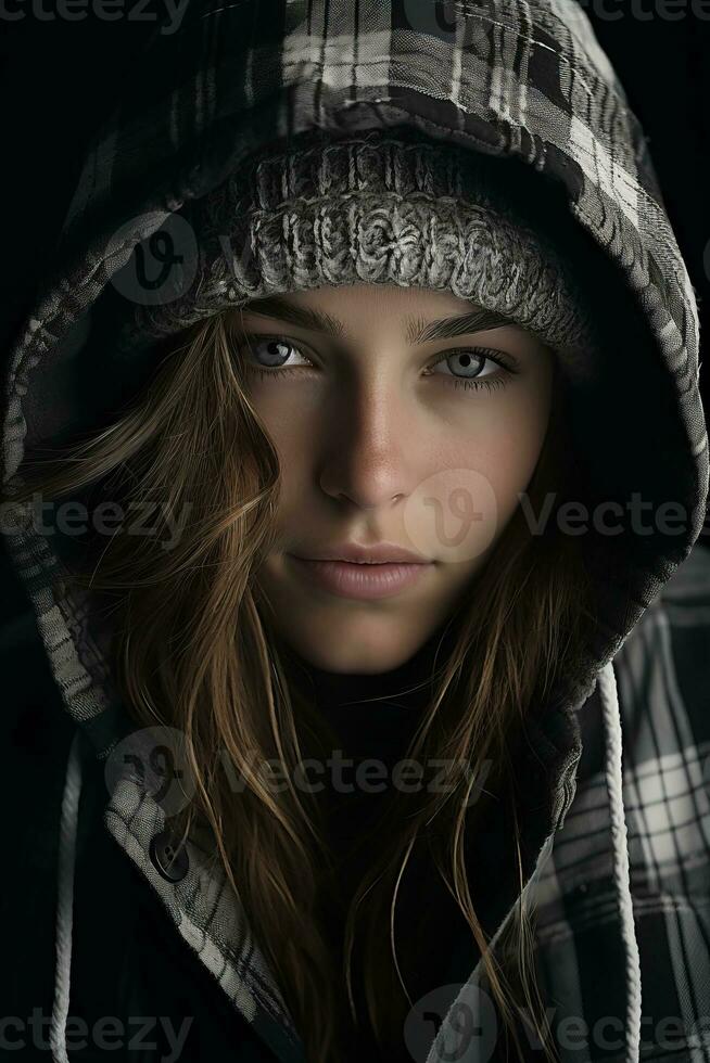 a woman wearing a hoodie and a beanie generative ai photo
