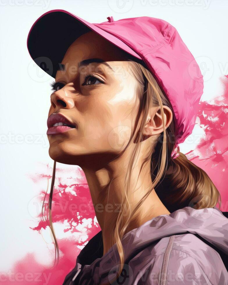 a woman wearing a pink hat and a baseball cap generative ai photo