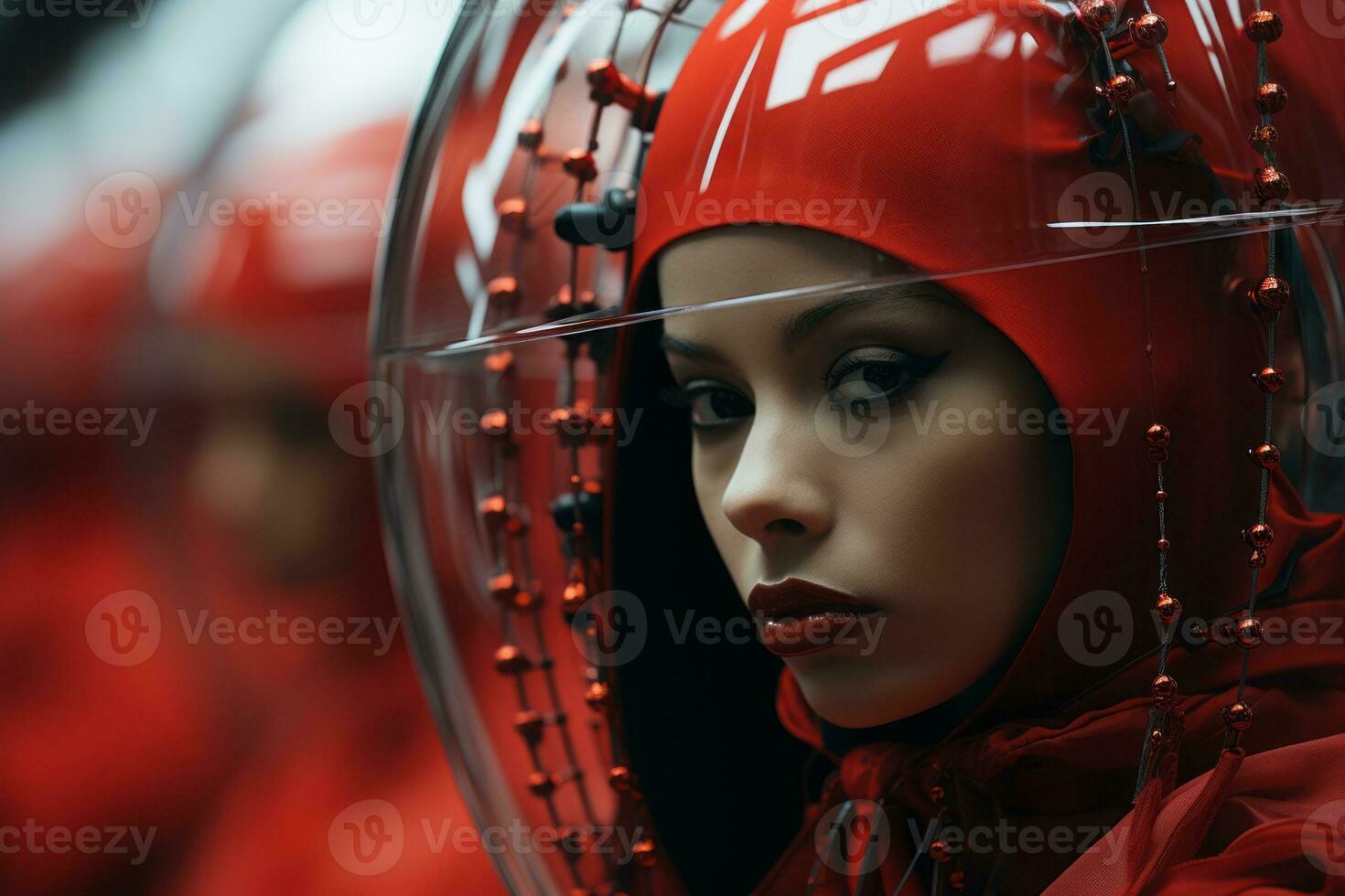 a woman wearing a red helmet and a red coat generative ai photo