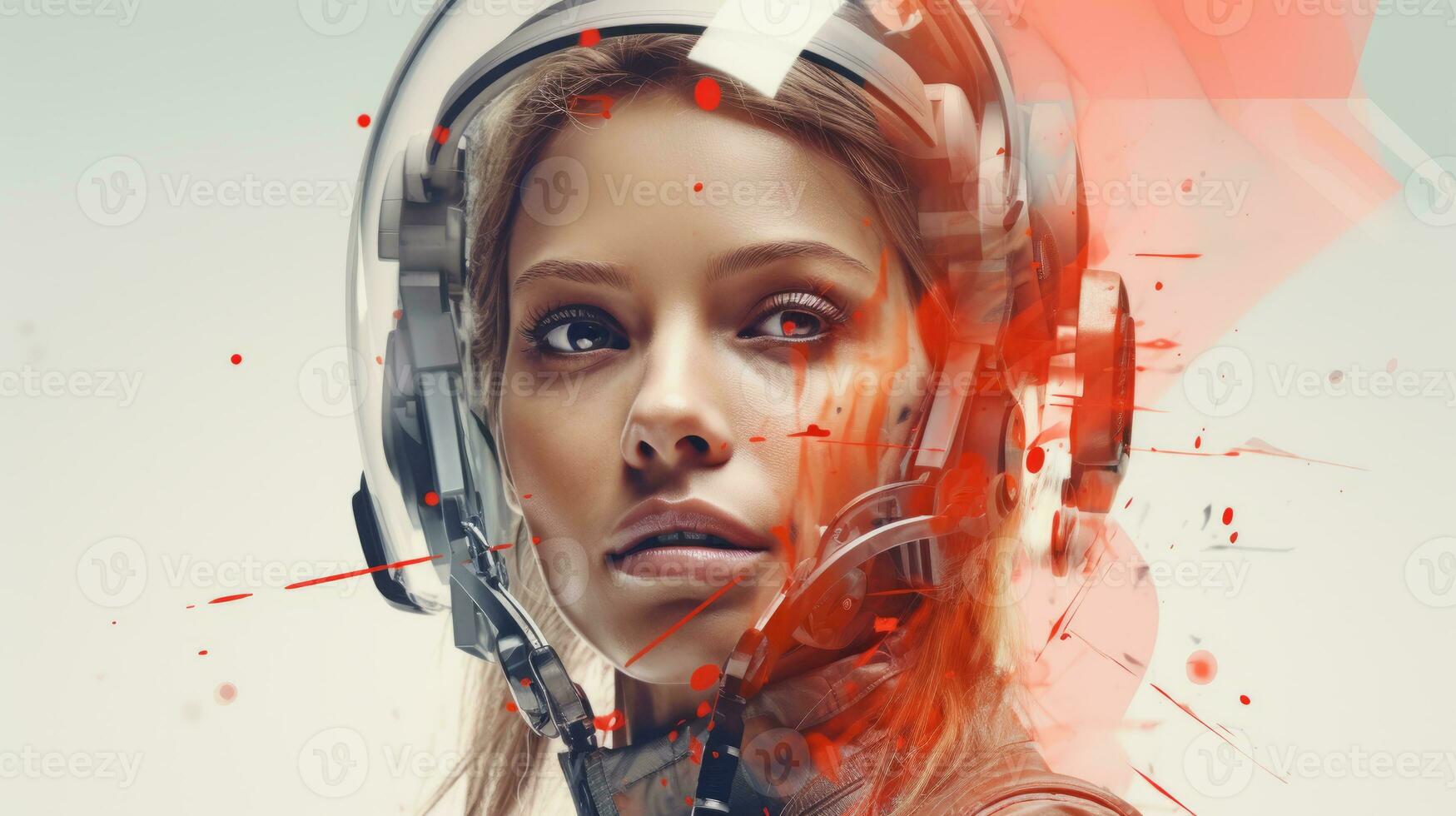 a woman wearing an astronaut helmet with red paint on her face generative ai photo