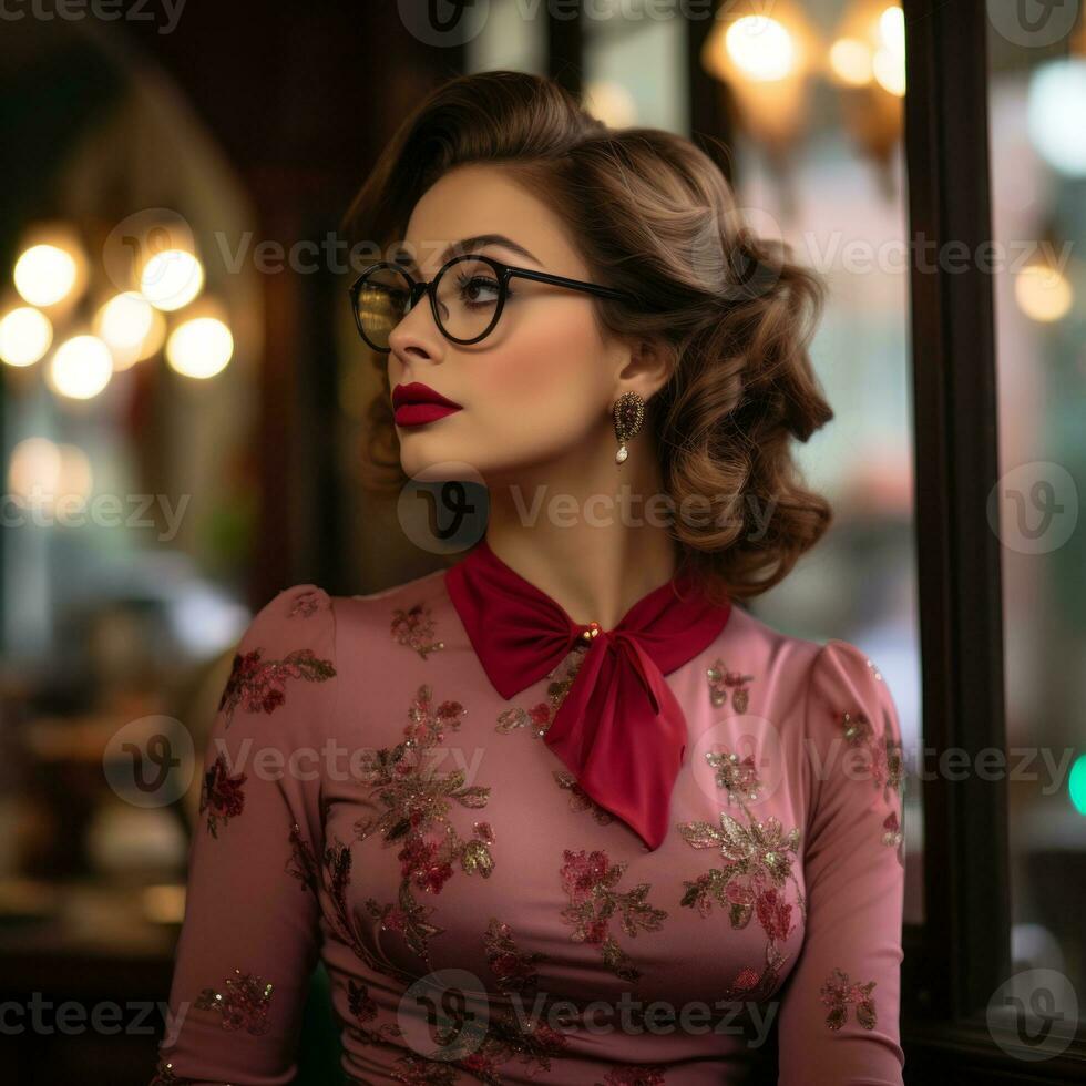 a woman wearing glasses and a pink dress posing in front of a window generative ai photo