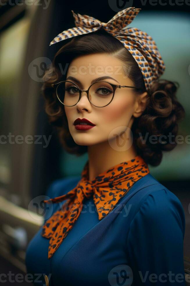 a woman wearing glasses and a headband in front of a car generative ai photo