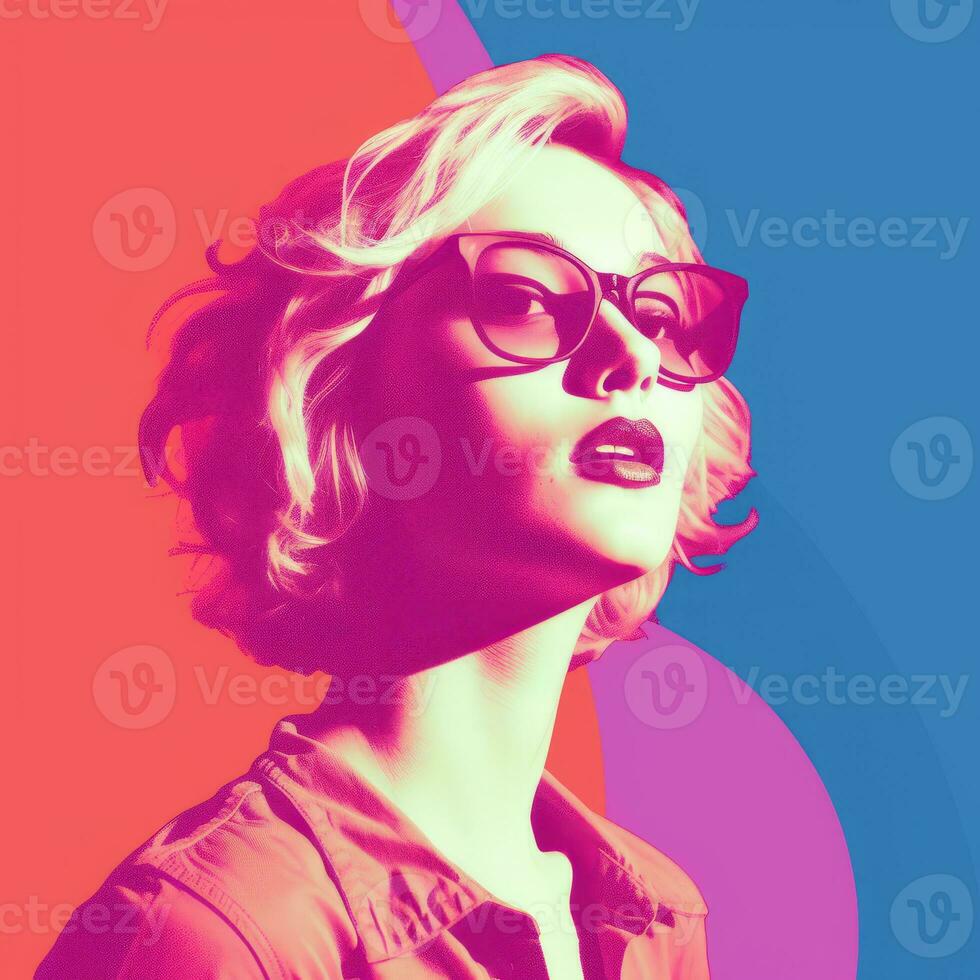 a woman wearing glasses in front of a colorful background generative ai photo