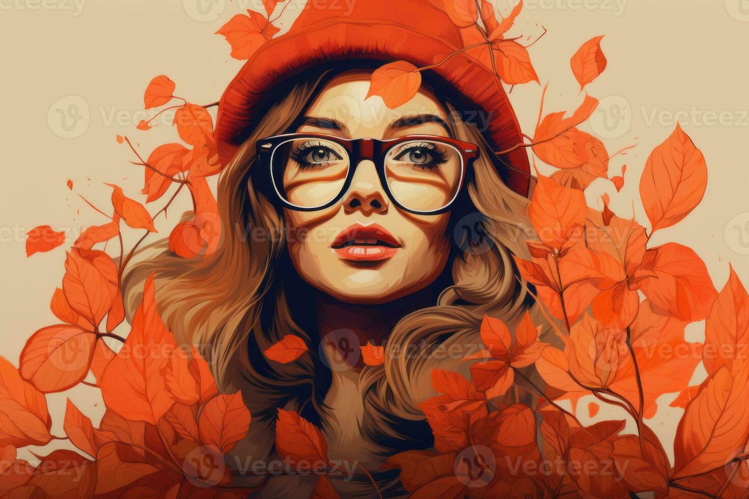 a woman wearing glasses and a red hat is surrounded by autumn leaves generative ai photo