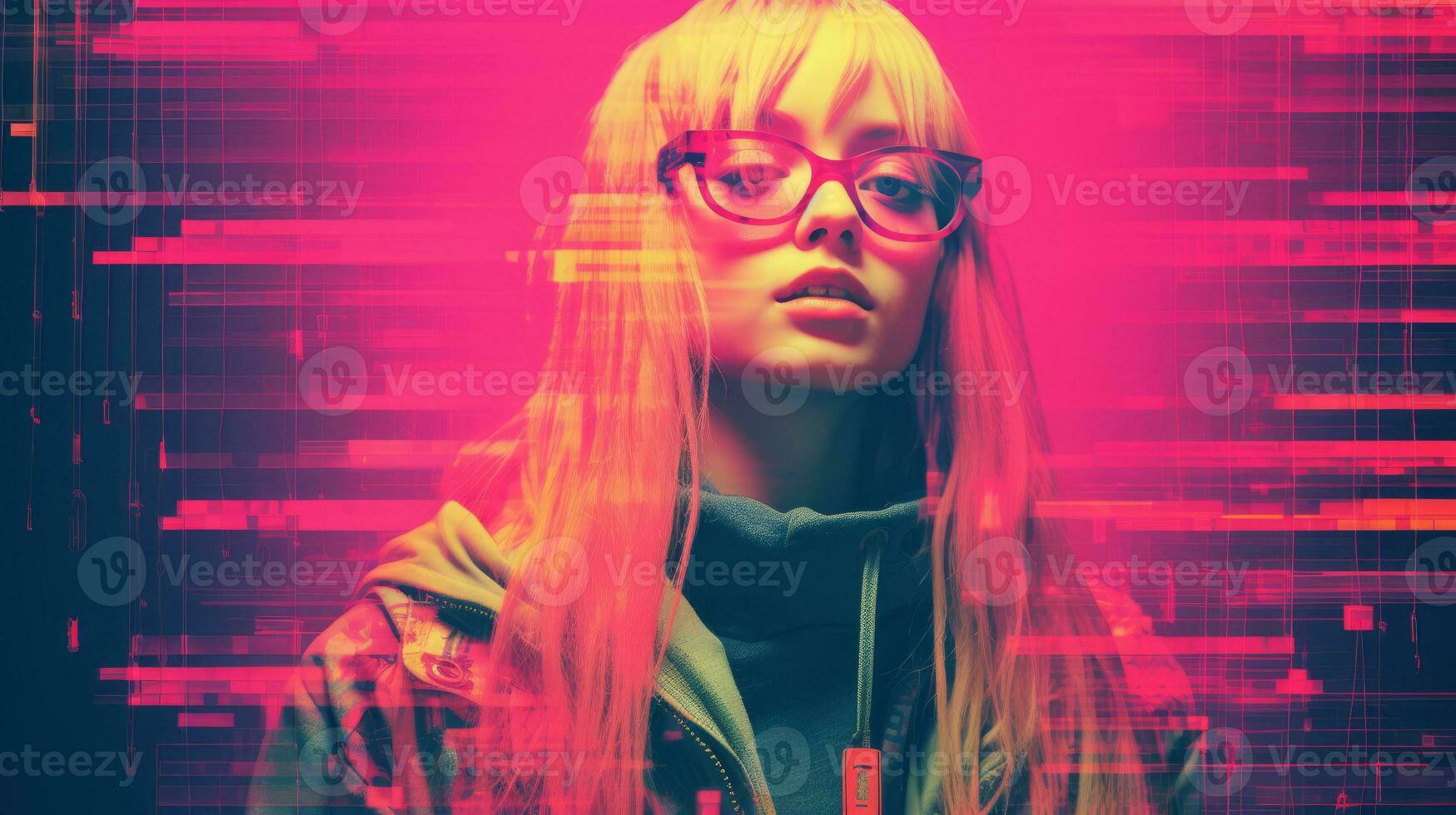a woman wearing glasses and a jacket in front of a colorful background generative ai photo