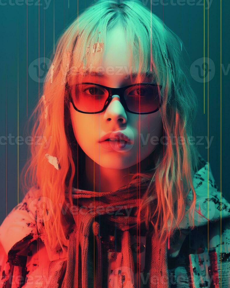 a woman wearing glasses and a scarf in front of a colorful background generative ai photo