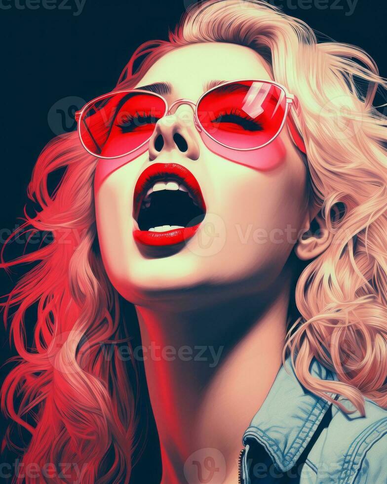 a woman wearing red sunglasses and a denim jacket generative ai photo