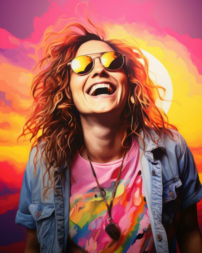 a woman wearing sunglasses and a colorful shirt is smiling in front of a sunset generative ai photo