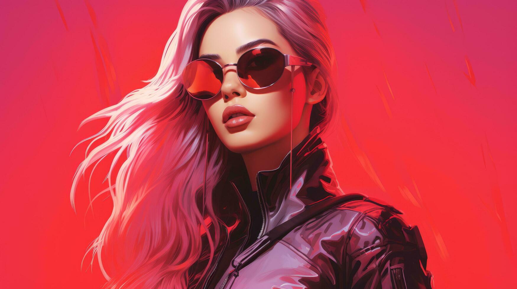 a woman wearing sunglasses and a leather jacket in front of a red background generative ai photo