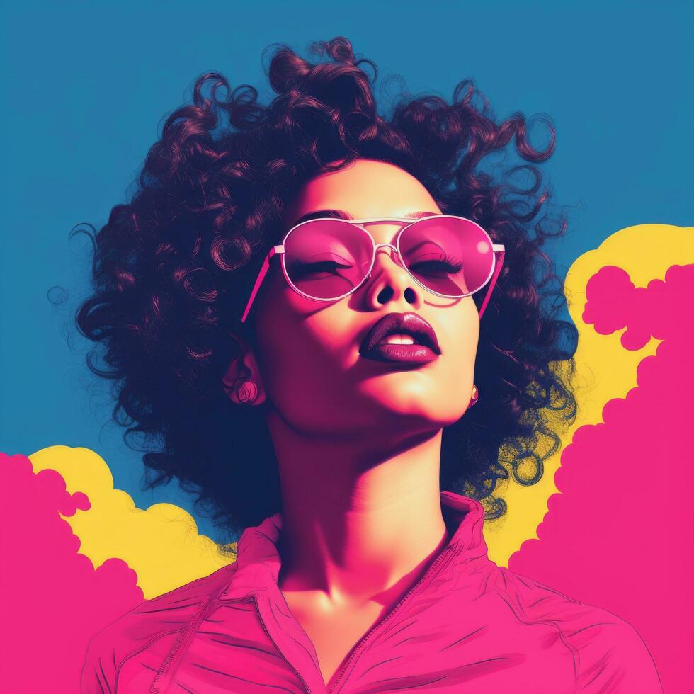 a woman wearing sunglasses and a pink shirt in front of a colorful background generative ai photo