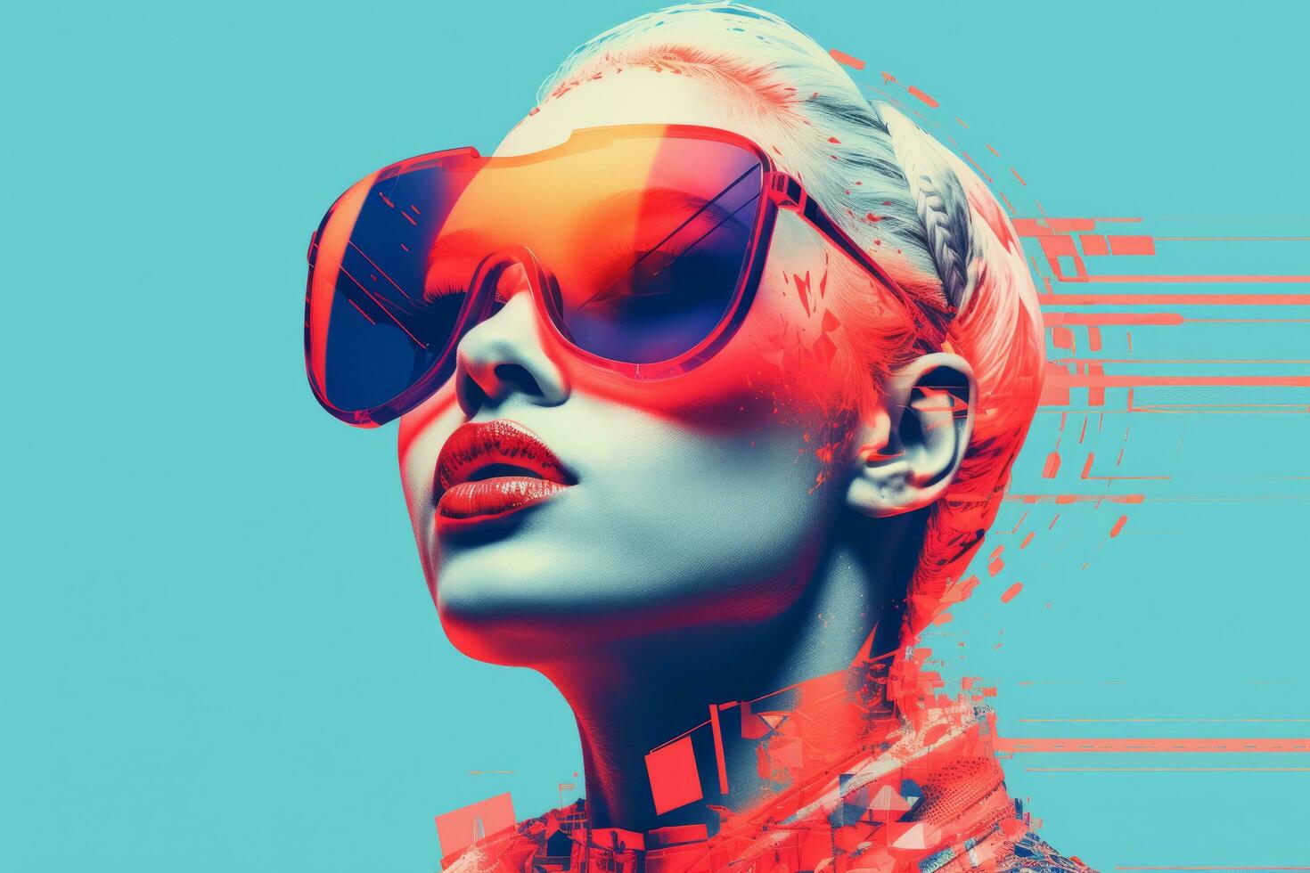 a woman wearing sunglasses and a red and blue background generative ai photo