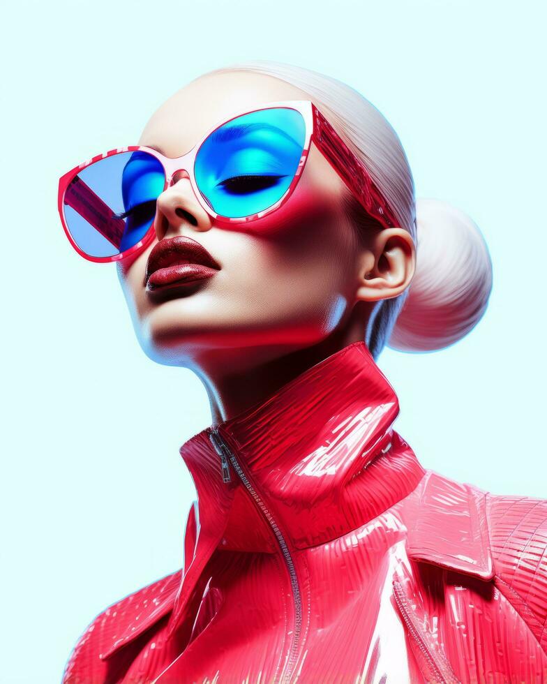 a woman wearing sunglasses and a red jacket generative ai photo