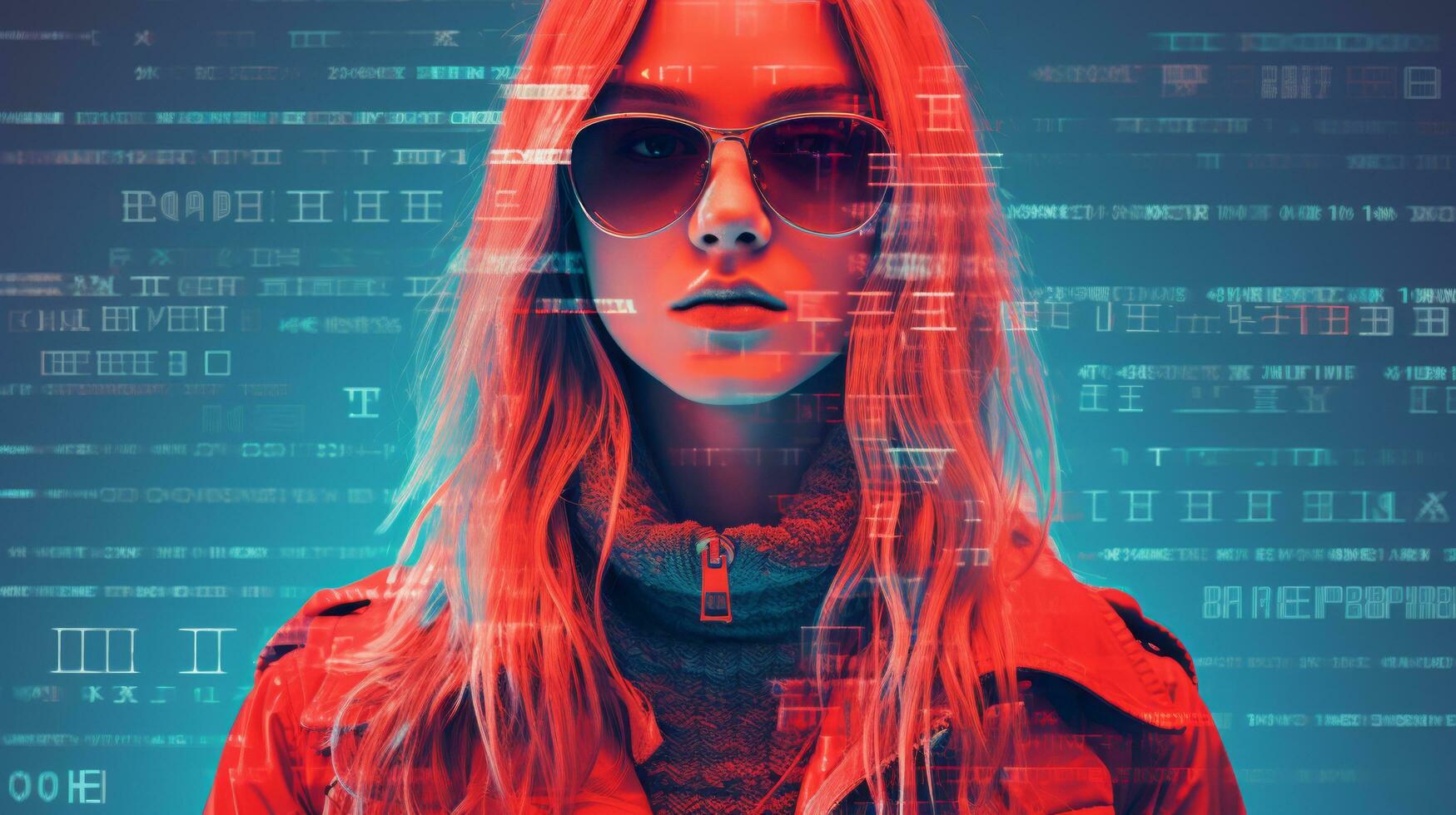 a woman wearing sunglasses and a red jacket in front of a computer screen generative ai photo