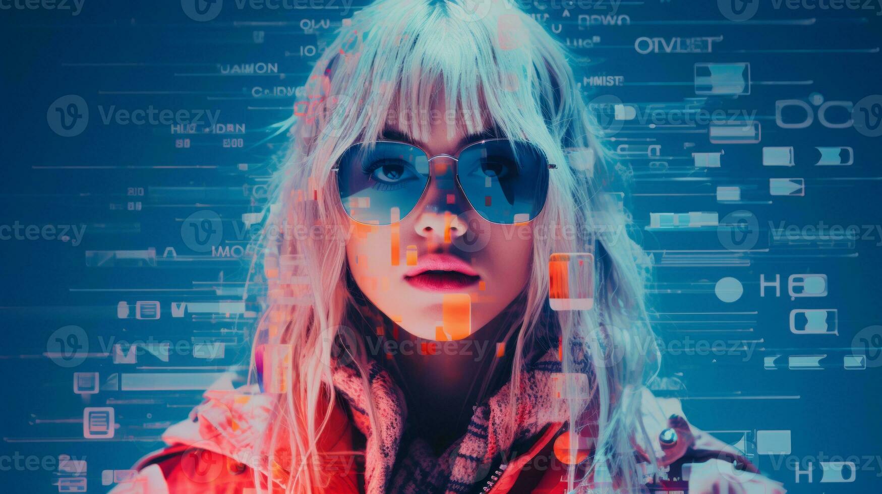 a woman wearing sunglasses and a red jacket is in front of a computer screen generative ai photo