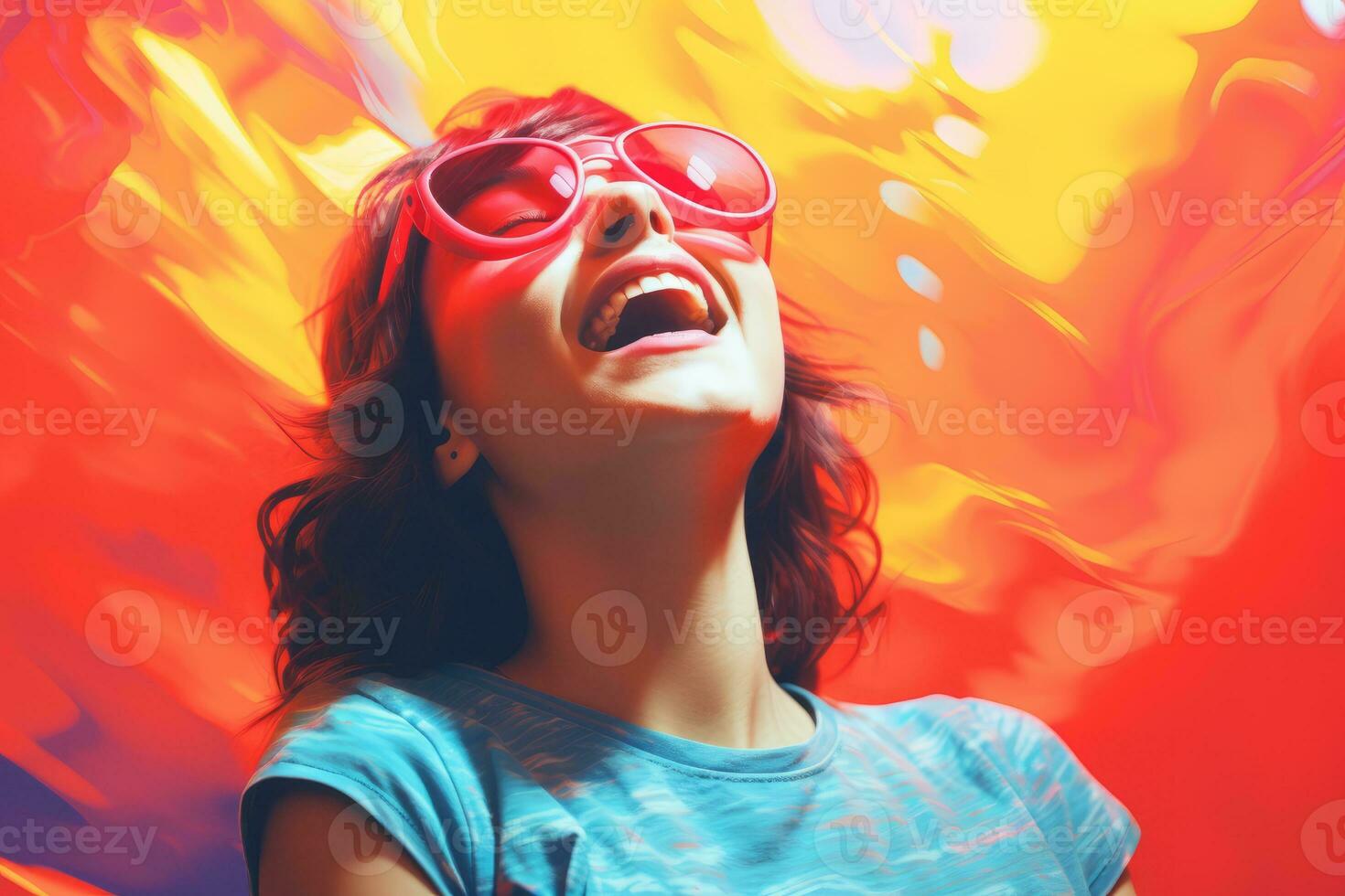 a woman wearing sunglasses and laughing in front of a colorful background generative ai photo
