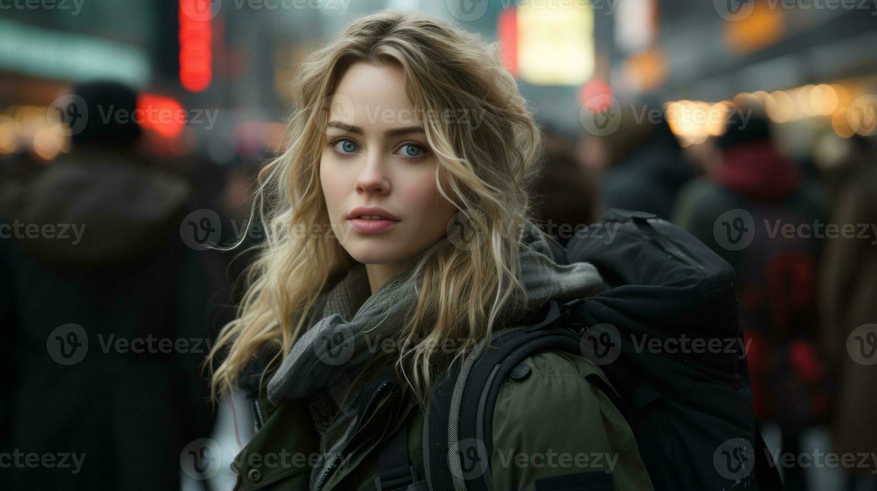 a woman with a backpack standing in the middle of a crowded city generative ai photo
