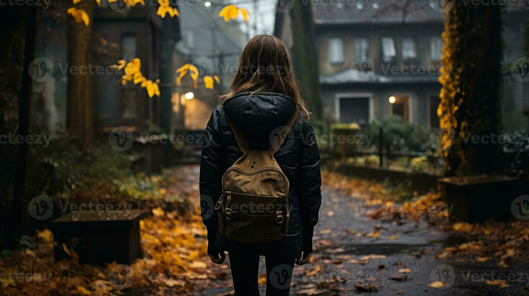 a woman with a backpack walking down a path in the fall generative ai photo