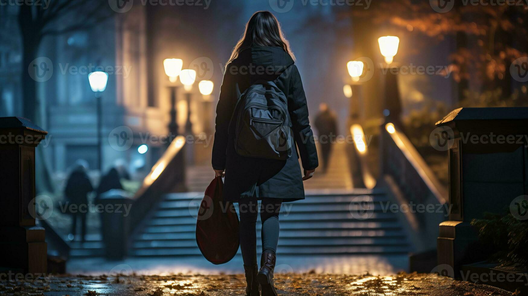 a woman with a backpack walking down a path at night generative ai photo