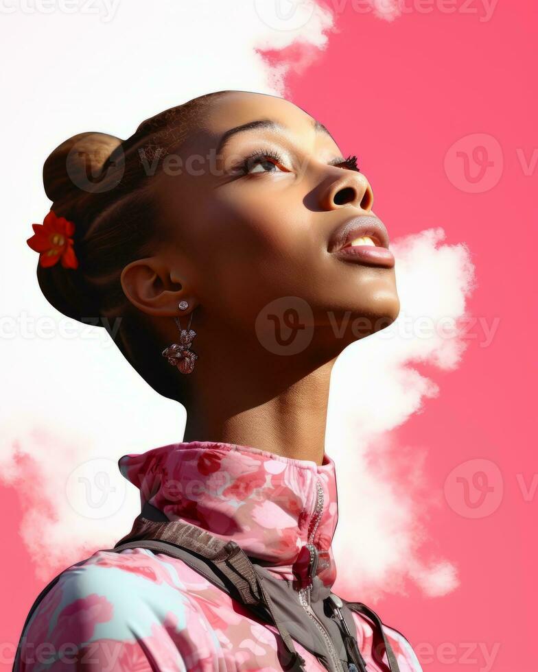 a woman with a flower in her hair stands in front of a pink sky generative ai photo