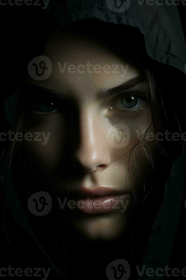 a woman with a hood on her head generative ai photo