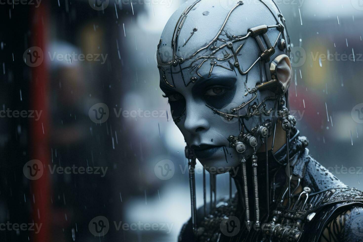 a woman with a face made of metal and chains standing in the rain generative ai photo