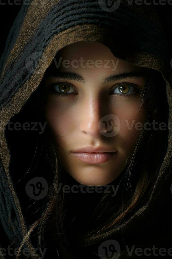 a woman with a hood on her head generative ai photo
