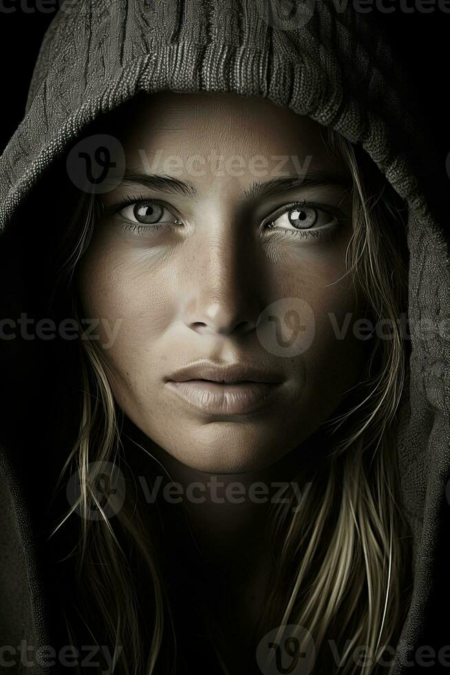 a woman with a hoodie on her head generative ai photo
