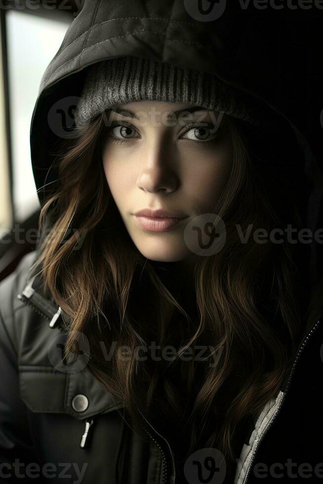 a woman with a hooded jacket and beanie looking out the window generative ai photo