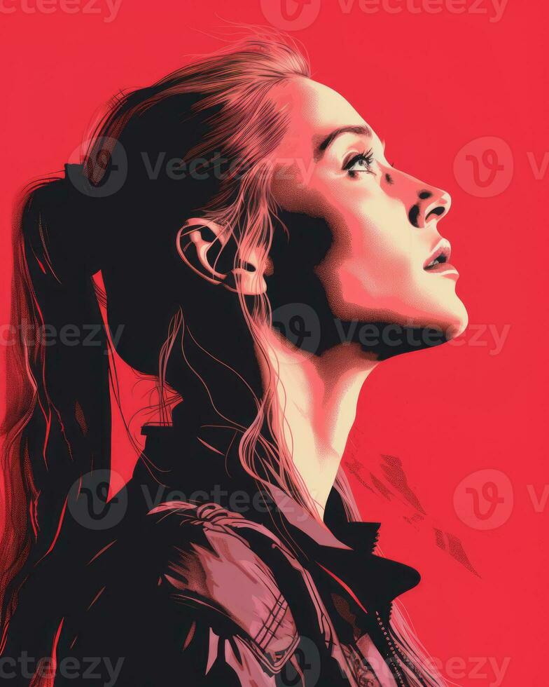 a woman with a ponytail in front of a red background generative ai photo