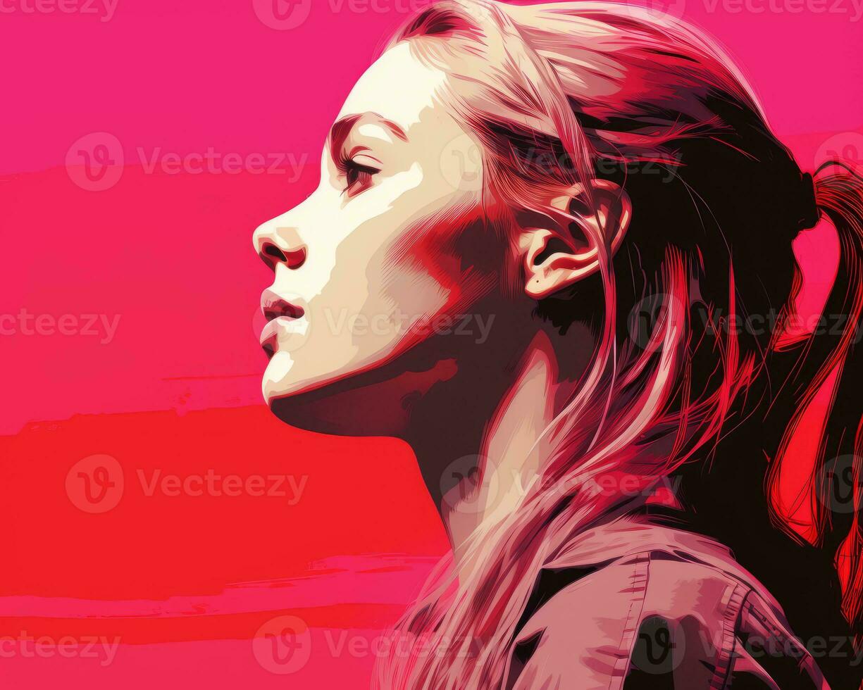 a woman with a ponytail in front of a red background generative ai photo