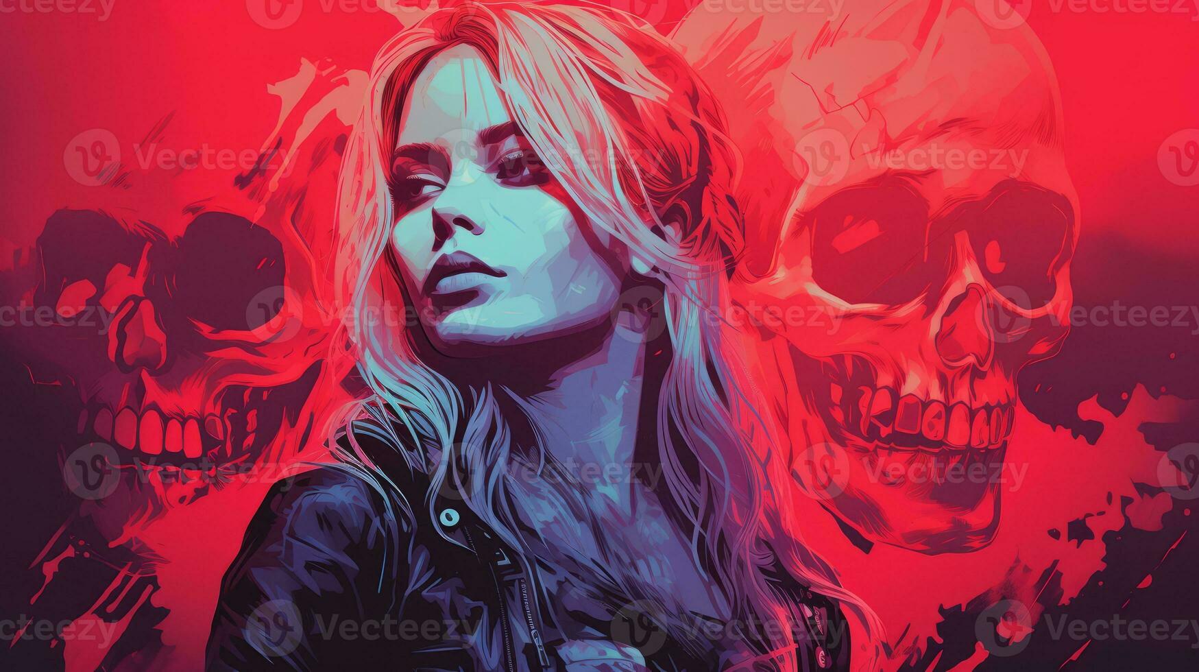 a woman with a skull on her head in front of a red and blue background generative ai photo