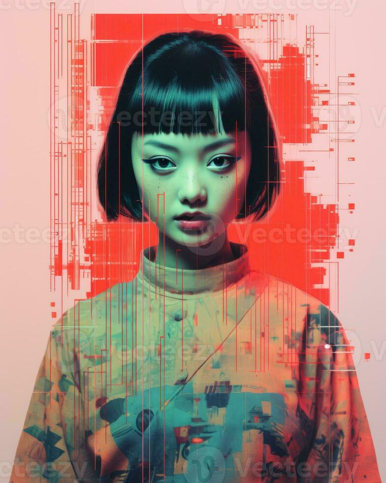 a woman with black hair and a red background generative ai photo