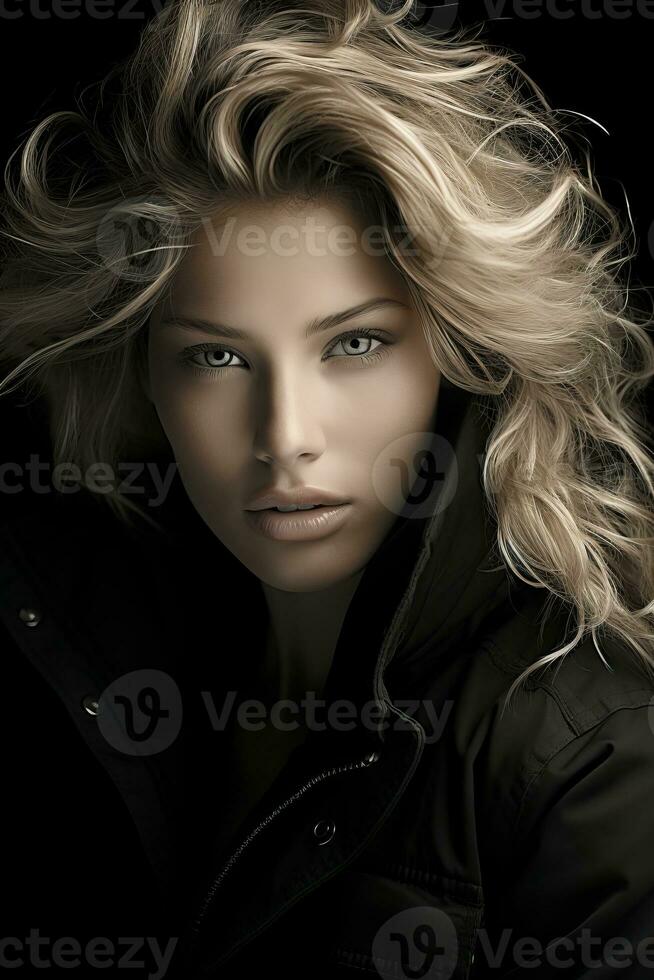 a woman with blonde hair and a black jacket generative ai photo