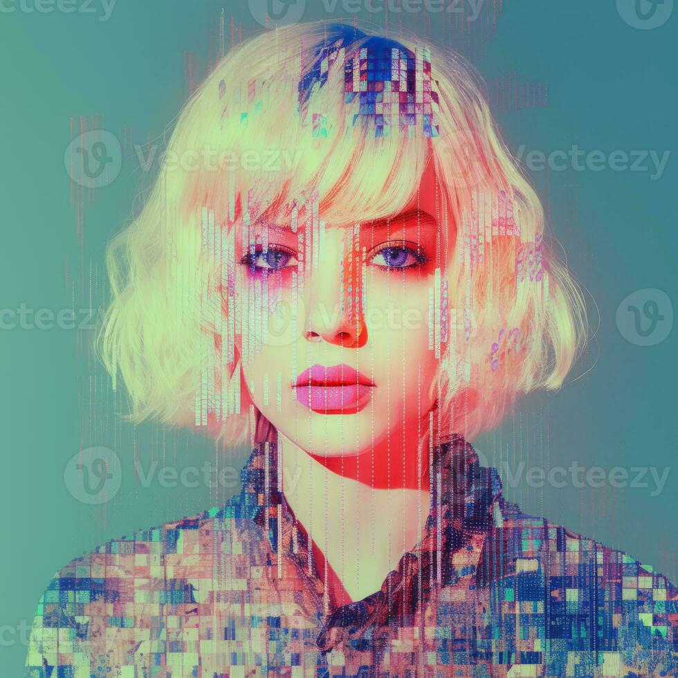 a woman with blonde hair and a computer screen in front of her generative ai photo