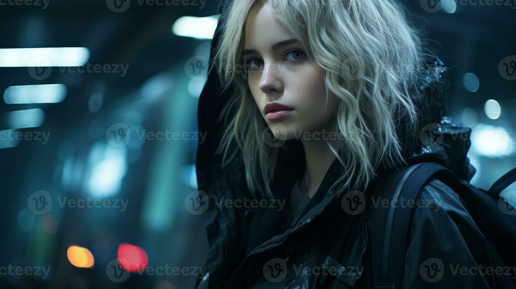 a woman with blonde hair and a black jacket generative ai photo