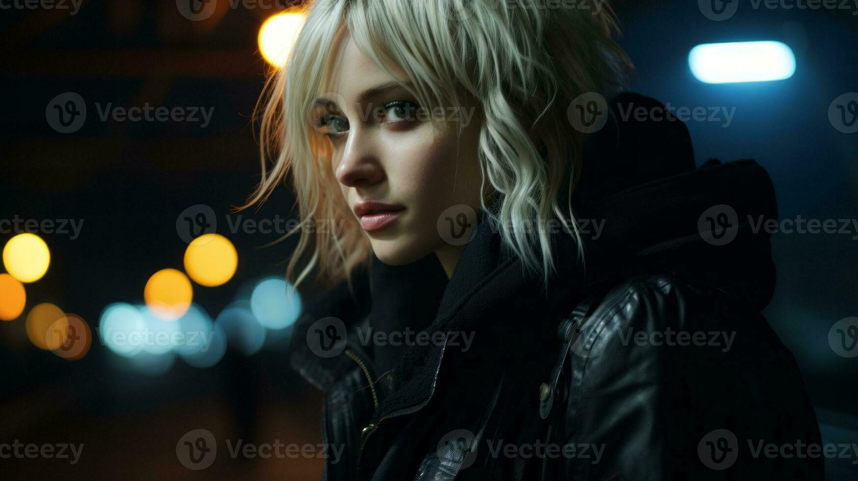 a woman with blonde hair and black jacket standing in the dark generative ai photo