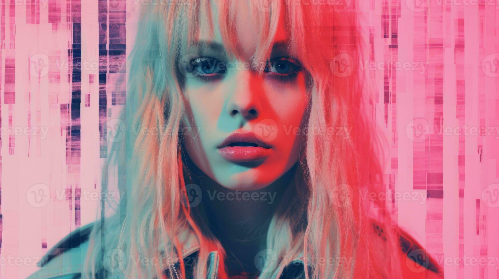 a woman with blonde hair and blue eyes in front of a pink background generative ai photo