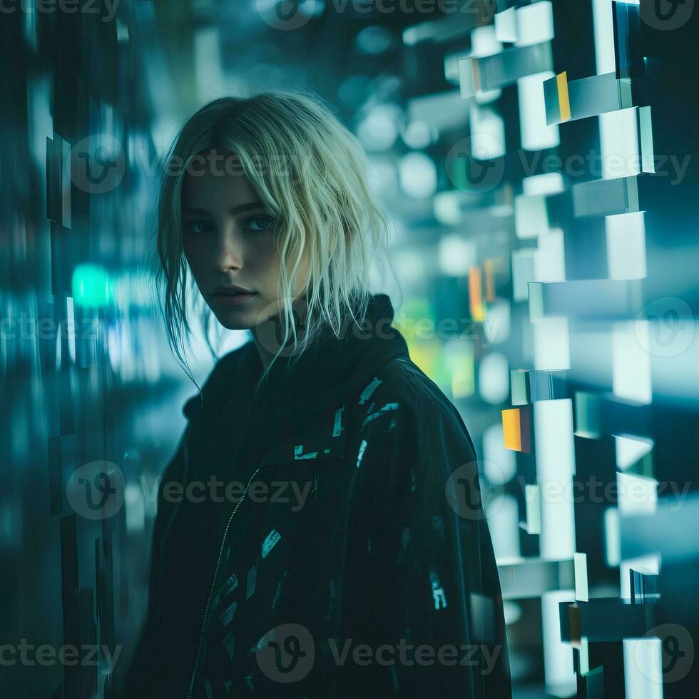 a woman with blonde hair standing in a dark hallway generative ai photo