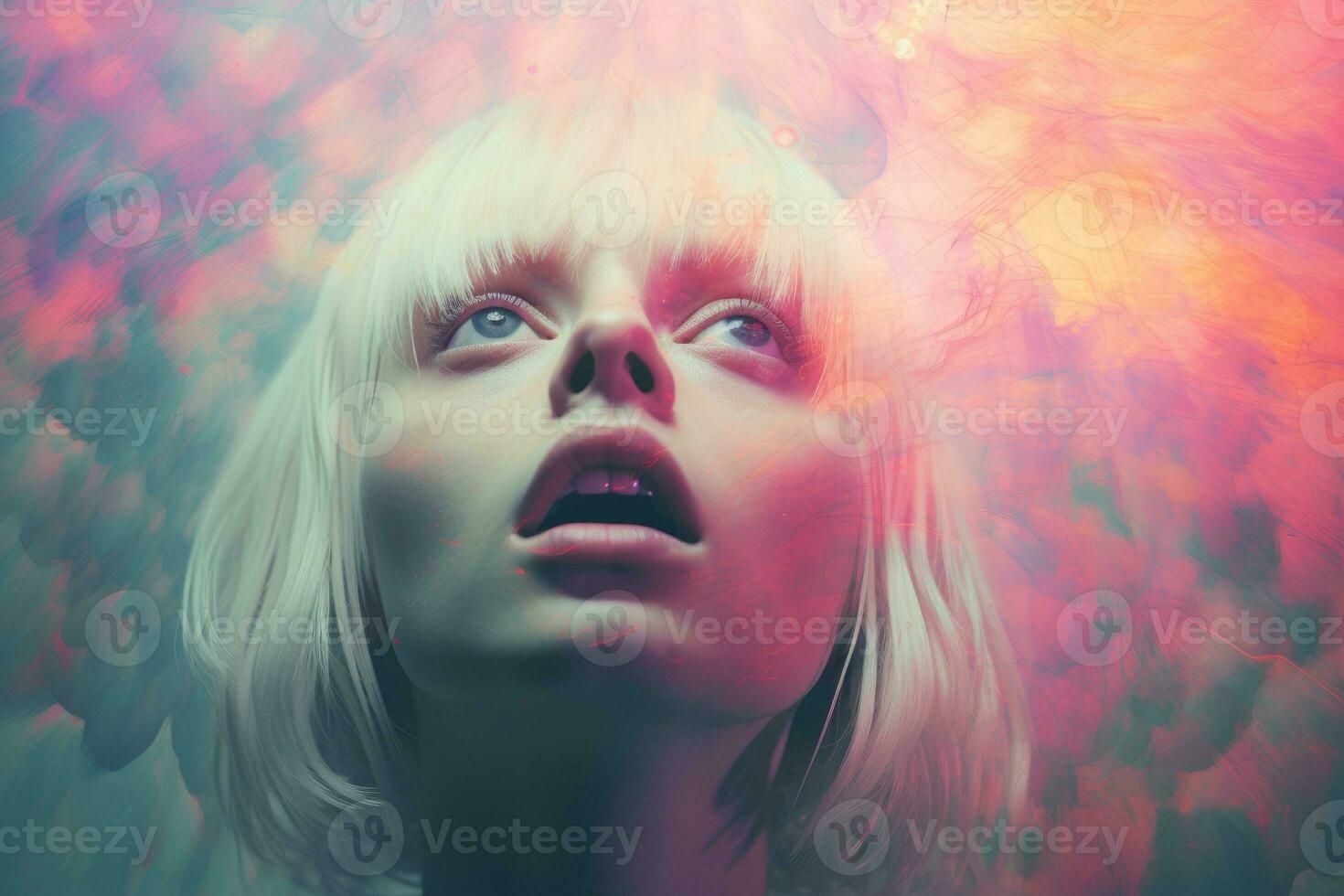 a woman with blonde hair is looking up into the air generative ai photo