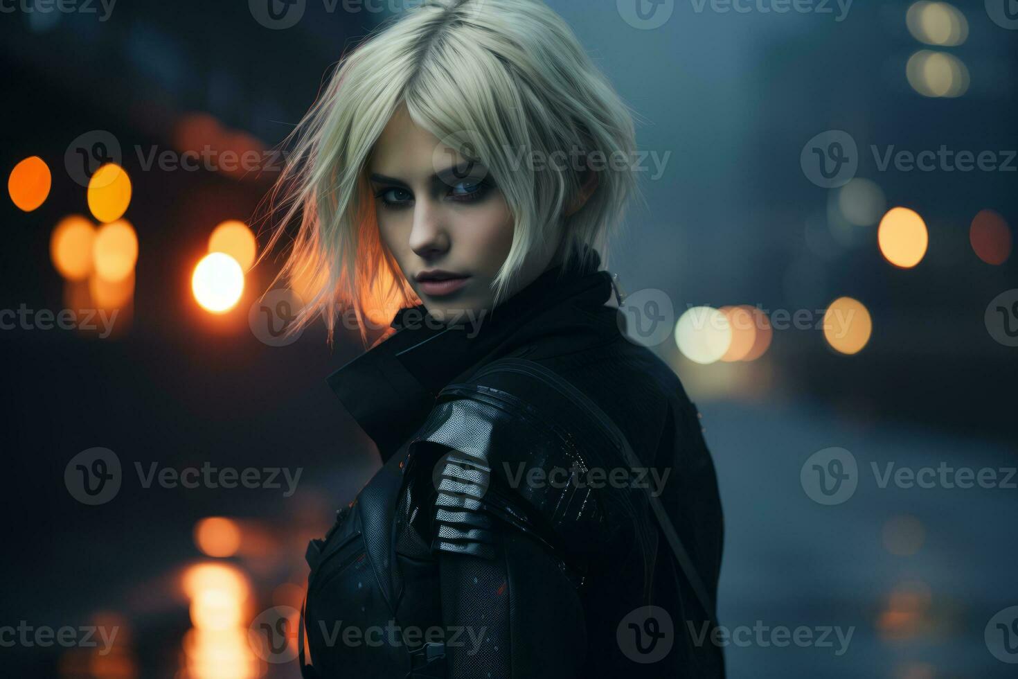 a woman with blonde hair standing in front of a city at night generative ai photo