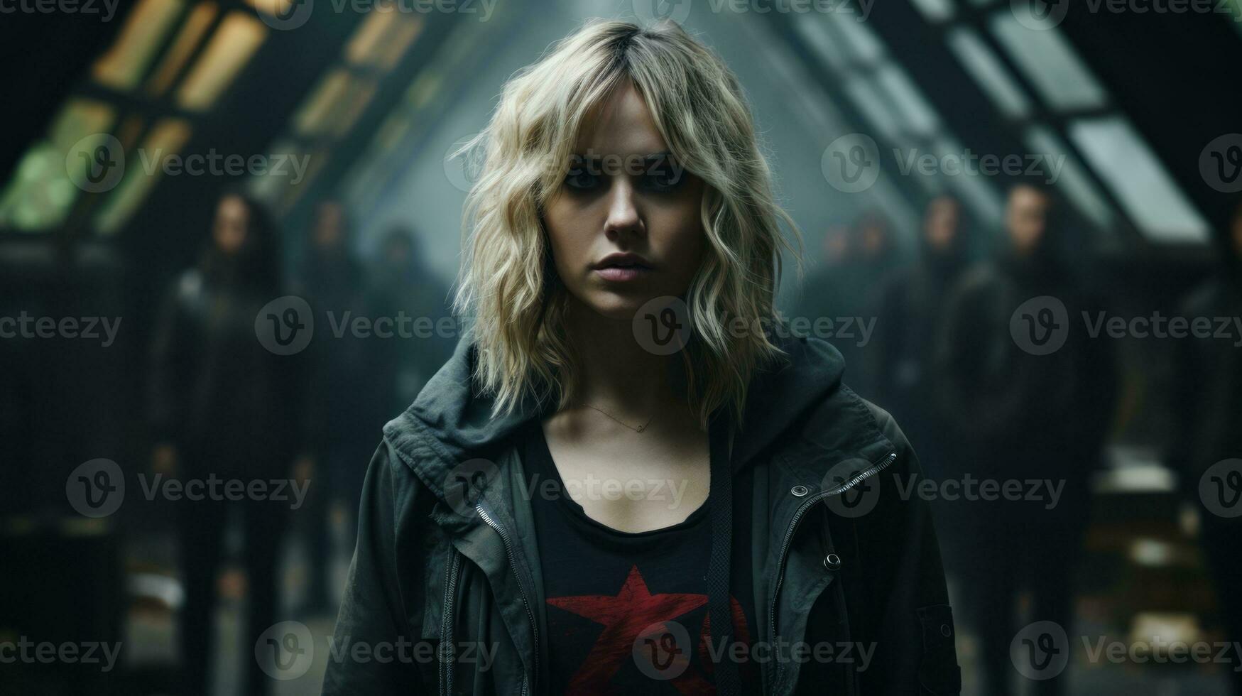 a woman with blonde hair standing in front of a group of people generative ai photo