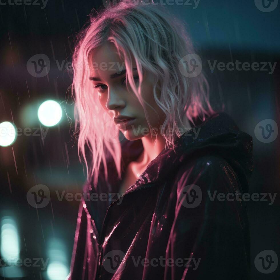 a woman with blonde hair standing in the rain at night generative ai photo