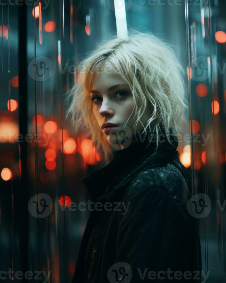 a woman with blonde hair standing in front of red lights generative ai photo